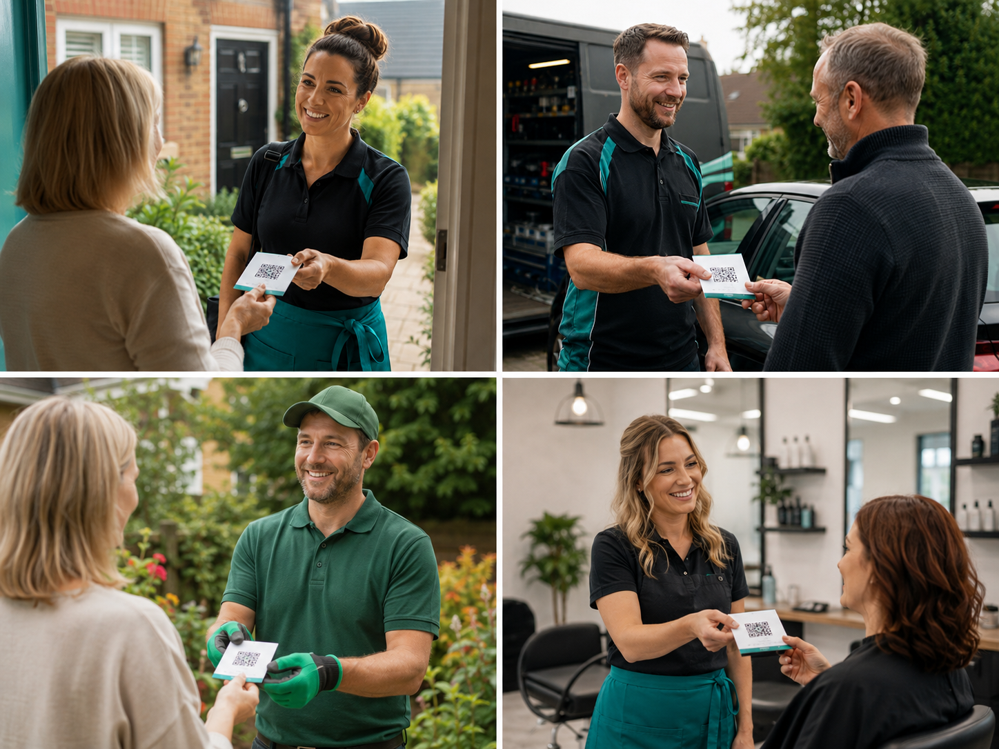 Self-employed professionals handing a SelfeConnect QR code flyer to happy customers